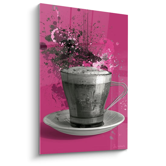 Tableau Tasse grise éclaboussures fuchsia et noires - Éveil éclatant - Edition Café