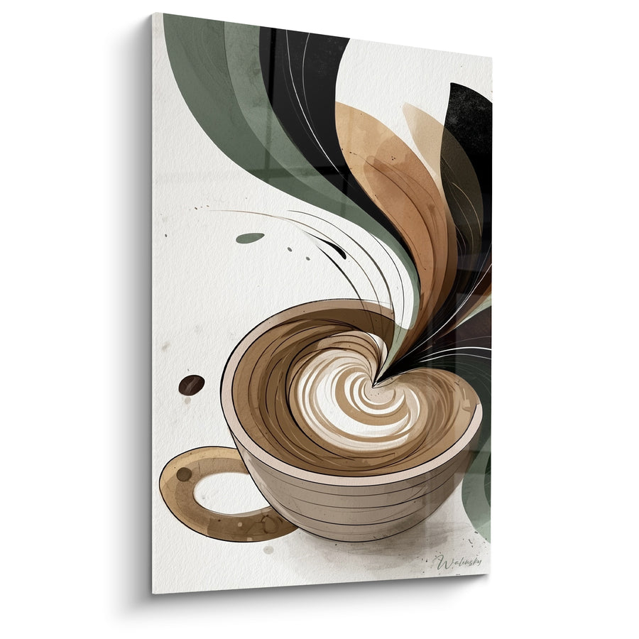 Tableau Tasse beige au tourbillon vert et noir - Grain de café isolé - Edition Café