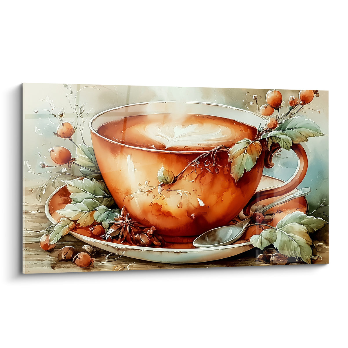 Tasse terracotta fumante entourée de baies rouges et feuilles vert sauge sur soucoupe blanche