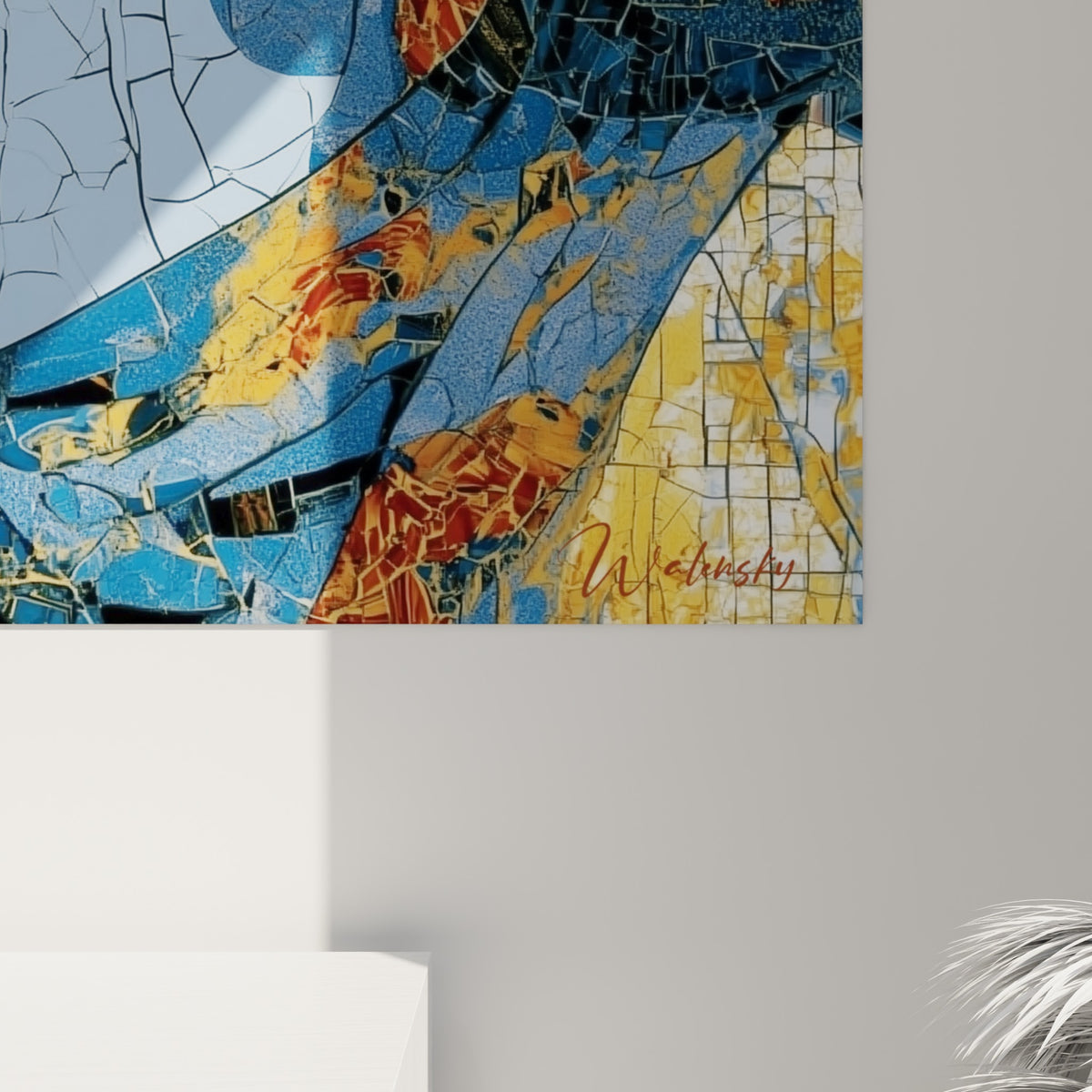 Craquelures bleutées et coulures ambrées révèlent la matière picturale dense de ce tableau café
