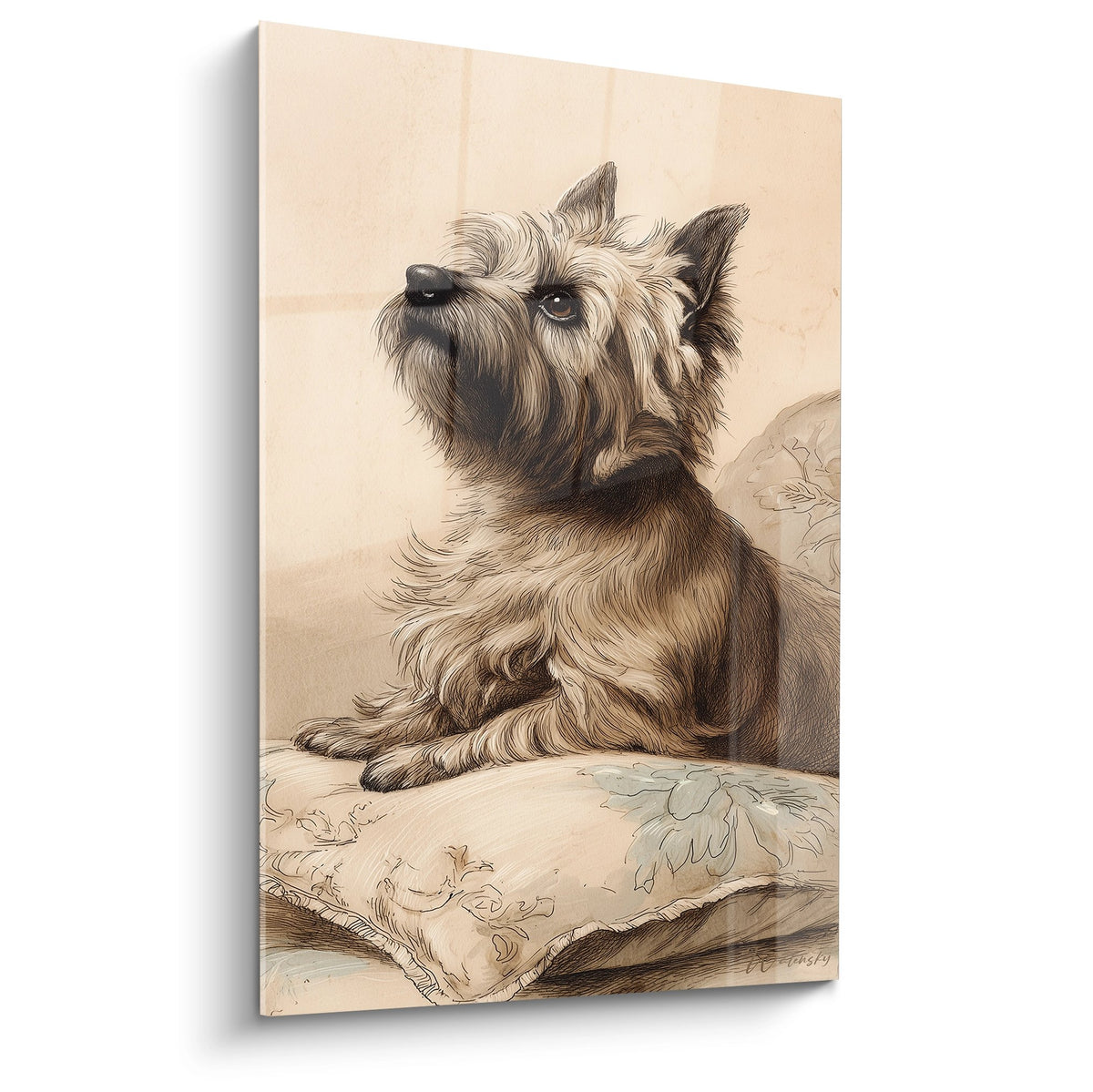 Portrait classique cairn terrier aux poils dores allonge sur coussin brode tons beiges sepia