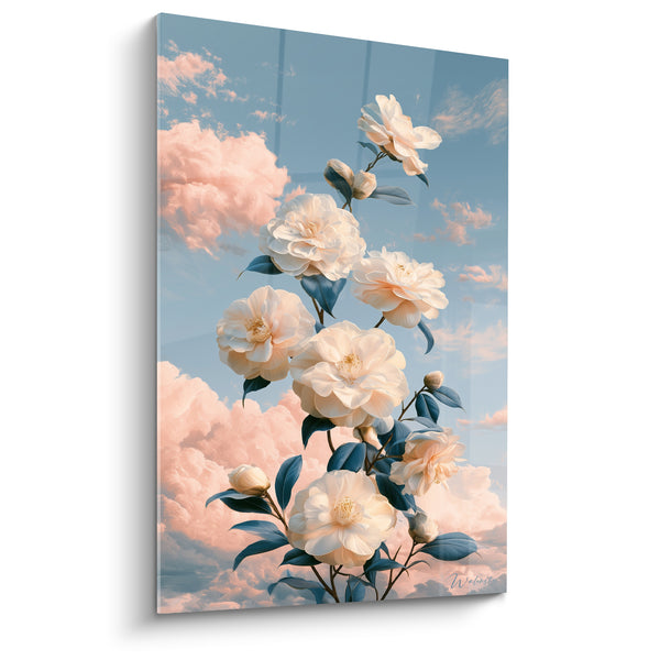 Tableau Camélias blancs sur ciel nuageux rosé - Rêverie céleste - Edition Camélia