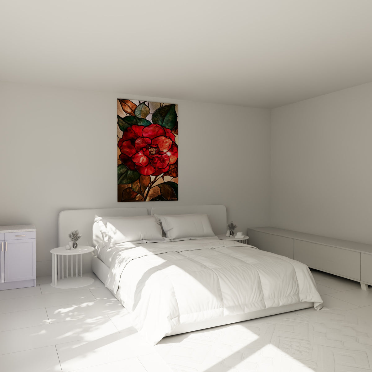 Fleur de camélia rouge et dorée, style vitrail, au-dessus d'un lit dans une chambre claire