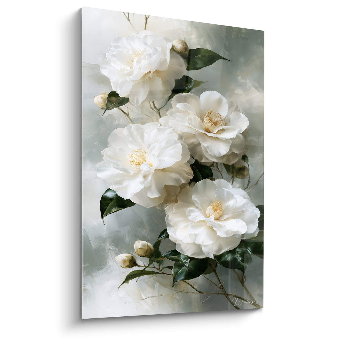 Camélias blancs aux cœurs dorés peints sur fond vert sauge texturé, composition florale délicate