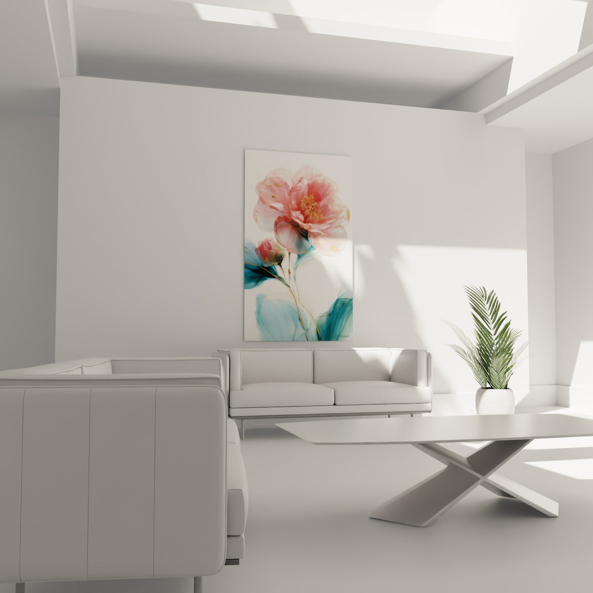 Pétales roses et feuilles bleu pétrole du camélia doré au-dessus d'un canapé dans un salon lumineux
