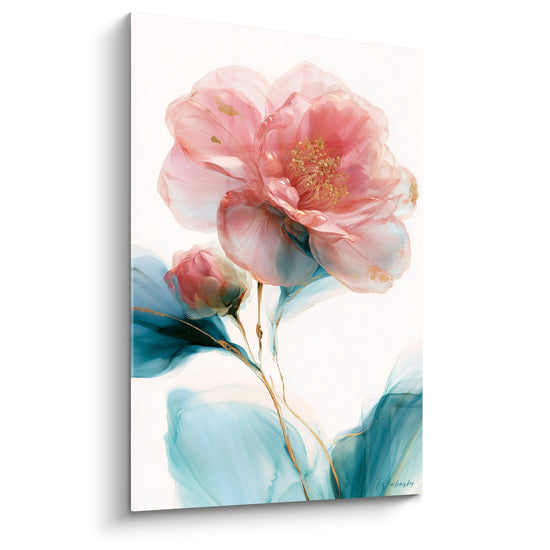 Camélia rose translucide aux feuilles bleu pétrole et touches dorées sur fond blanc