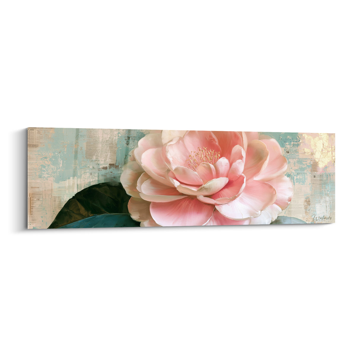Camélia rose aux pétales délicats sur fond turquoise et beige patiné, feuille vert foncé