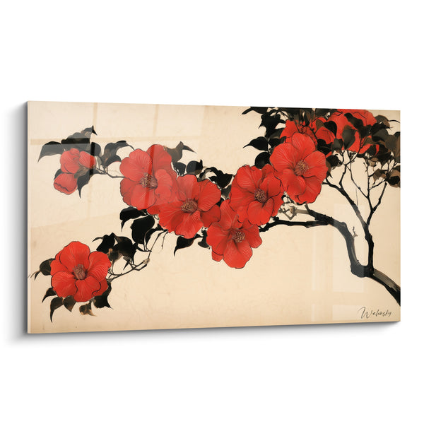 Tableau Camélia rouge sur fond ivoire - Élégance japonaise - Edition Camélia
