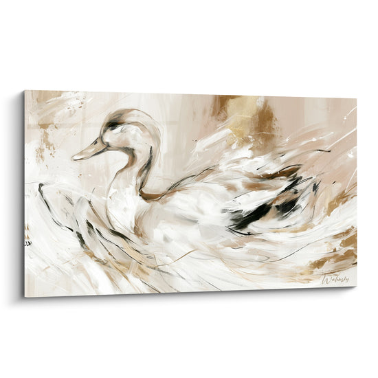 Canard blanc au cou allongé, traits noirs fins, coulées dorées et beiges sur fond clair peint