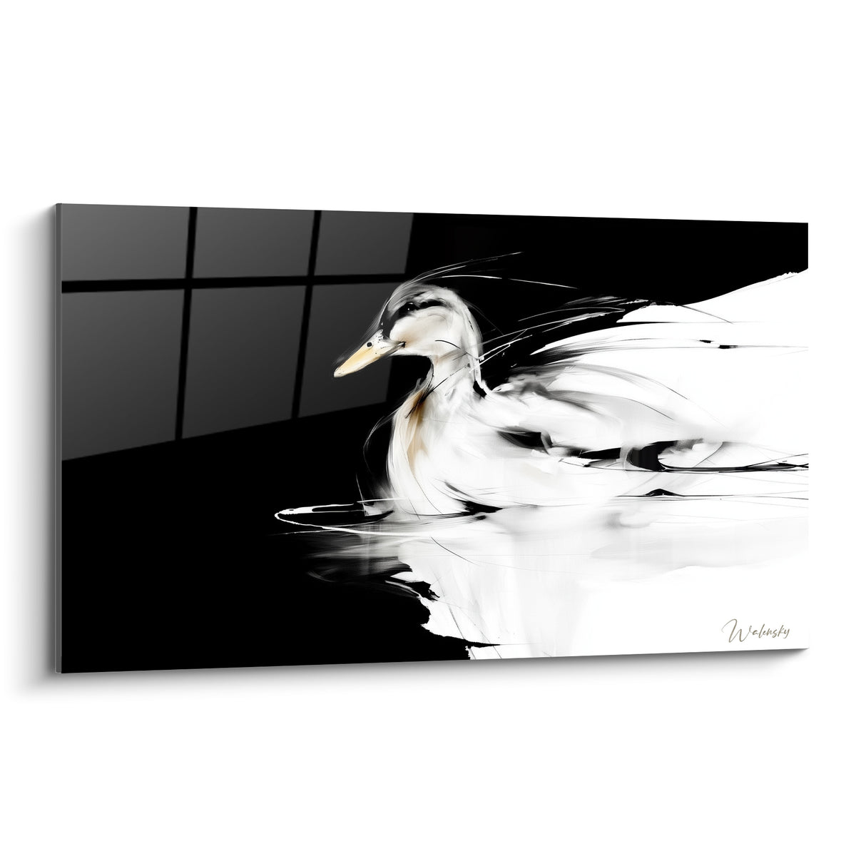 Canard blanc au bec doré glissant sur une eau noire, style graphique tout en contrastes
