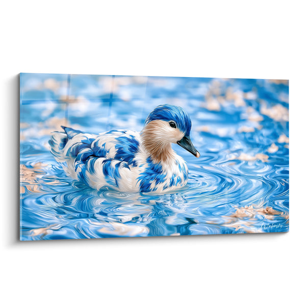 Tableau Canard bleu et blanc sur eau ondulante - Flottaison sereine - Edition Canard