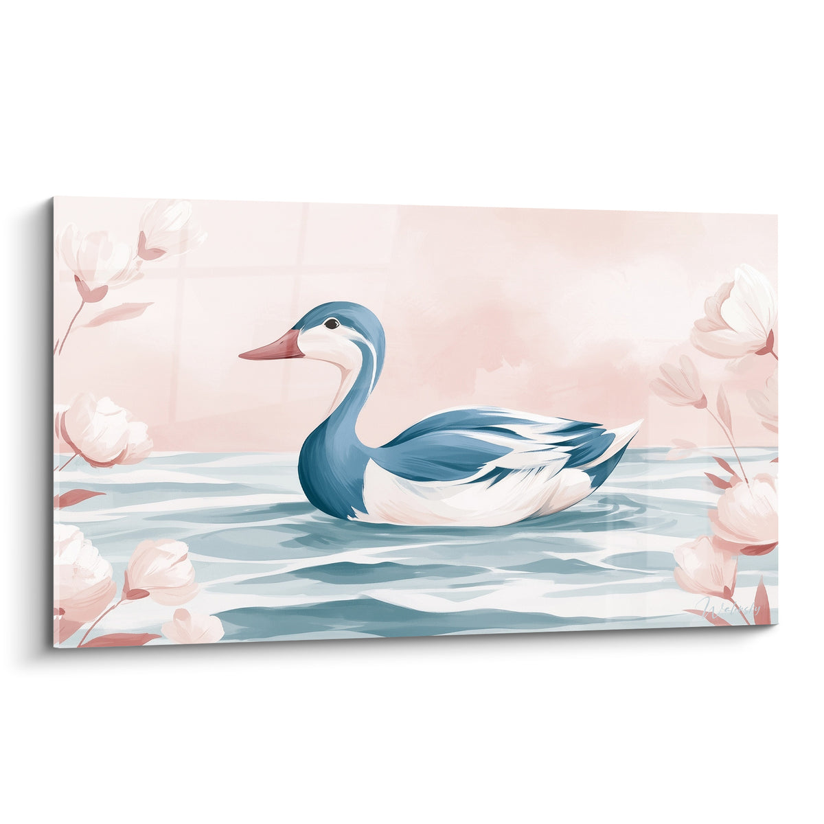 Canard bleu et blanc flotte sur une eau rosée, entouré de fleurs pastel roses.
