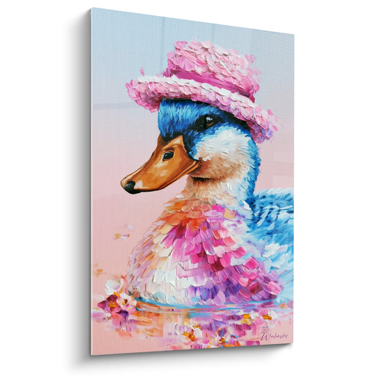 Tableau Canard coiffé d'un chapeau rose pastel - Élégance flottante - Edition Canard