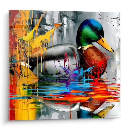 Canard colvert vert émeraude et bleu, entouré d'éclaboussures dorées et rouges sur fond gris texturé