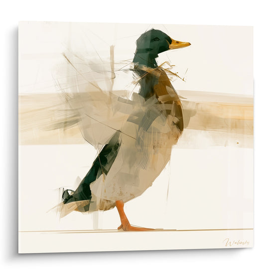 Canard colvert vert émeraude et ocre, bec orangé, plumage fragmenté sur fond crème ivoire