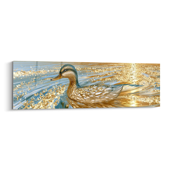 Canard doré et turquoise nageant sur eau scintillante, plumage texturé, style pictural raffiné