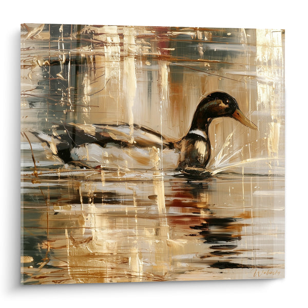 Tableau Canard nageant plumage doré et anthracite - Reflets d'étang - Edition Canard
