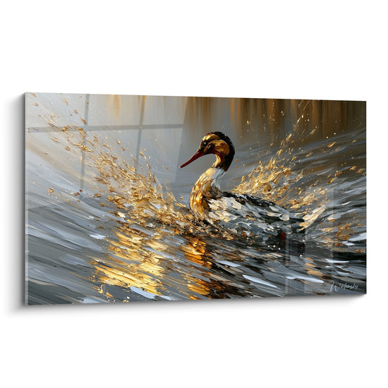 Canard au bec rouge glissant sur eau anthracite et dorée en pleine éclaboussure lumineuse