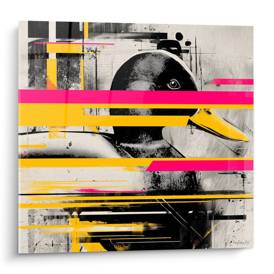 Canard noir et blanc au bec jaune, traversé de bandes rose fluo et jaunes, style graphique urbain