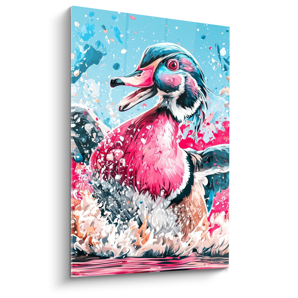 Canard mandarin rose et bleu jaillissant de l'eau, plumage éclaboussé et bec ouvert