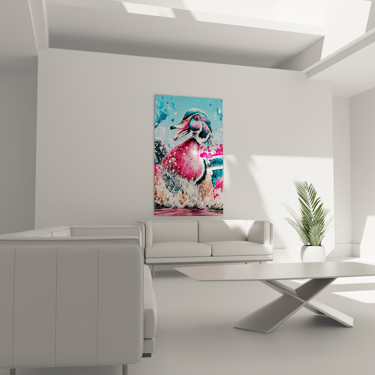 Volatile éclaboussé aux teintes roses et turquoise placé au-dessus d'un canapé dans un salon lumineux