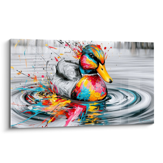 Canard multicolore jaune et rose flottant sur une eau grise en cercles concentriques