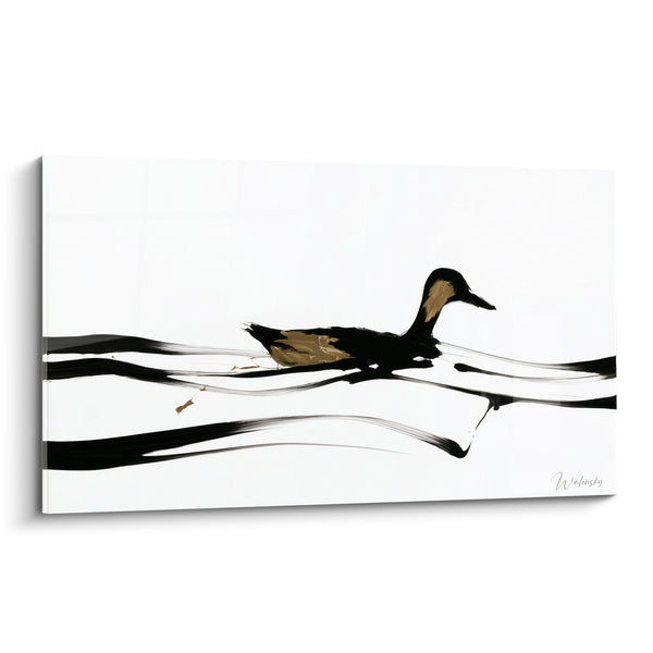 Tableau Canard noir aux reflets ocre sur eau épurée - Traversée silencieuse - Edition Canard