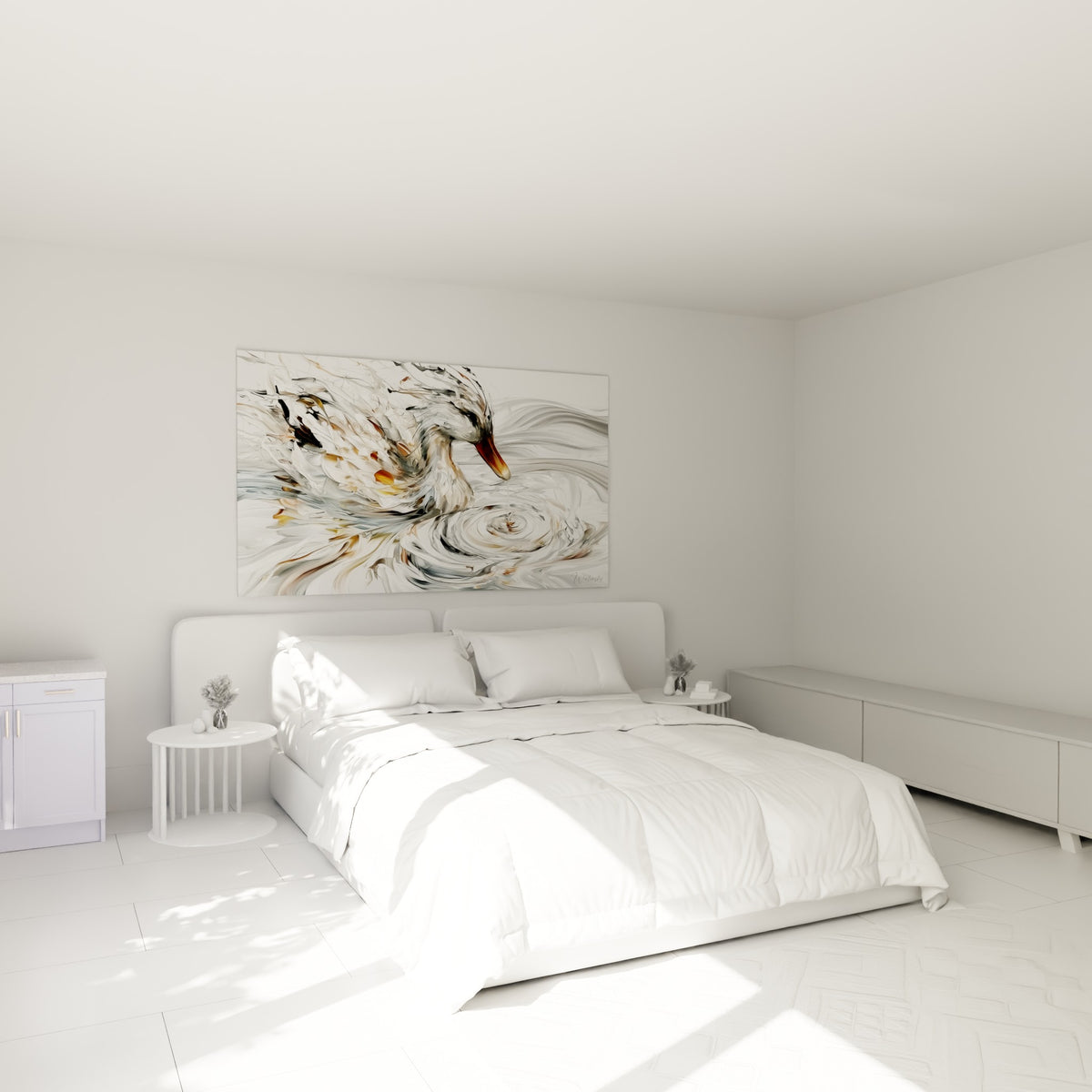 Canard aux tons blanc et ocre, bec plongé vers l'onde, au-dessus d'un lit dans une chambre claire