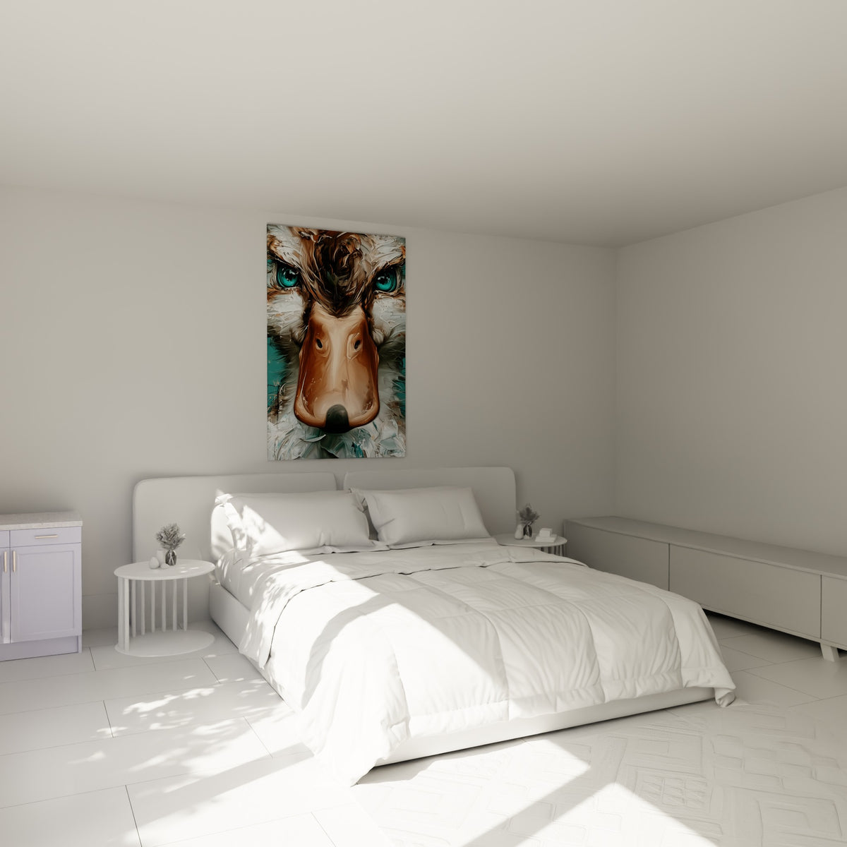 Regard intense d'un canard brun et turquoise accroché au-dessus d'un lit dans une chambre claire