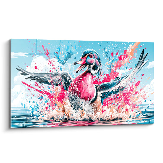 Canard huppé rose et bleu jaillissant d'une éclaboussure blanche en plein envol