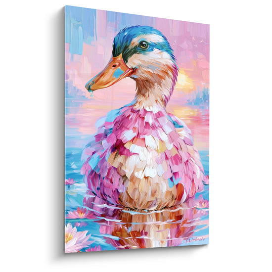Tableau Colvert tête bleue et poitrail rose parmi les nénuphars - Goutte perlée au bec - Edition Canard