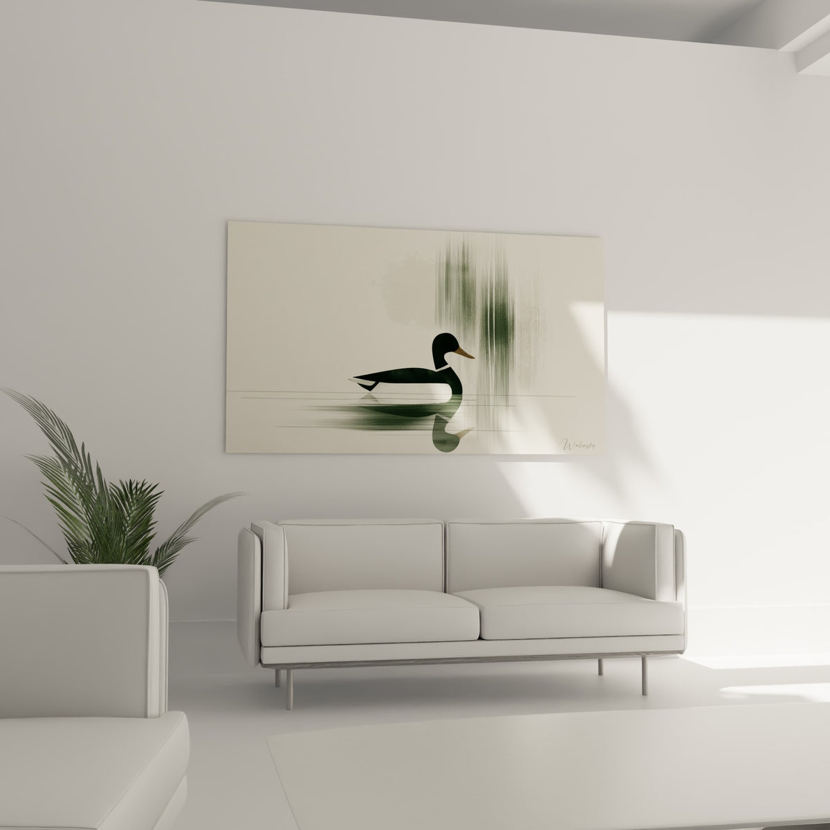 Silhouette de canard vert sombre et reflet symétrique sur eau beige, au-dessus d'un canapé dans un salon lumineux