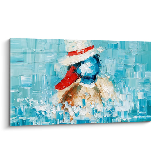 Canard au bec rouge vif se détache sur un fond turquoise et blanc texturé au couteau