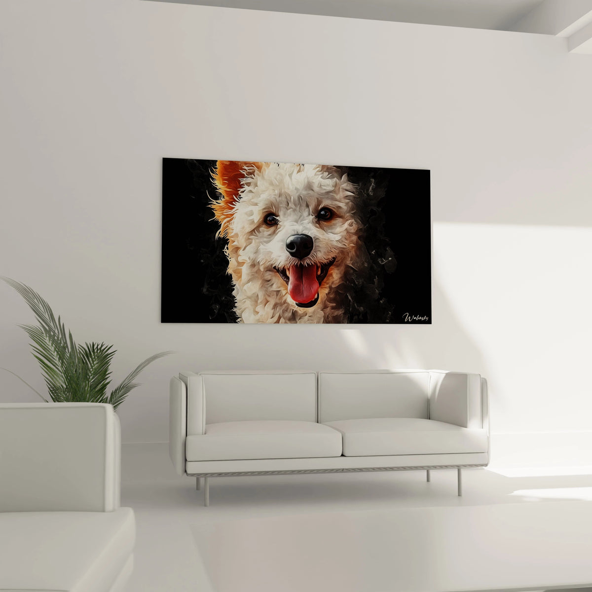 Un tableau caniche représentant la tête d'un caniche blanc souriant avec la langue sortie. Jeux de textures élaborés dans le rendu de la fourrure bouclée, transitions douces entre blanc crème et touches orangées, yeux bruns lumineux.
