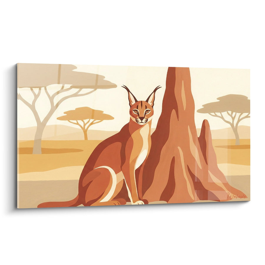 Tableau Caracal Roux près d'un Rocher dans la Savane Dorée - Grâce Sauvage - Edition Caracal