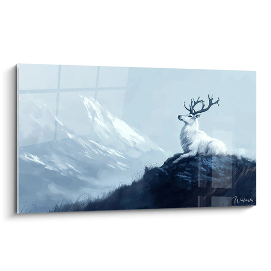 Un tableau artistique abstrait représentant un caribou blanc majestueux assis sur un rocher sombre, avec des bois imposants, face à des montagnes enneigées dans un paysage aux tons de bleu et blanc.
