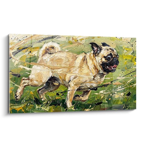 Tableau peinture carlin fauve courant dans herbe verte style impressionniste tons dorés