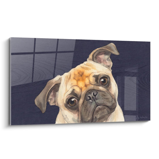 Tableau carlin tête penchée yeux expressifs tons chauds orangés arrière-plan bleu-gris style aquarelle moderne