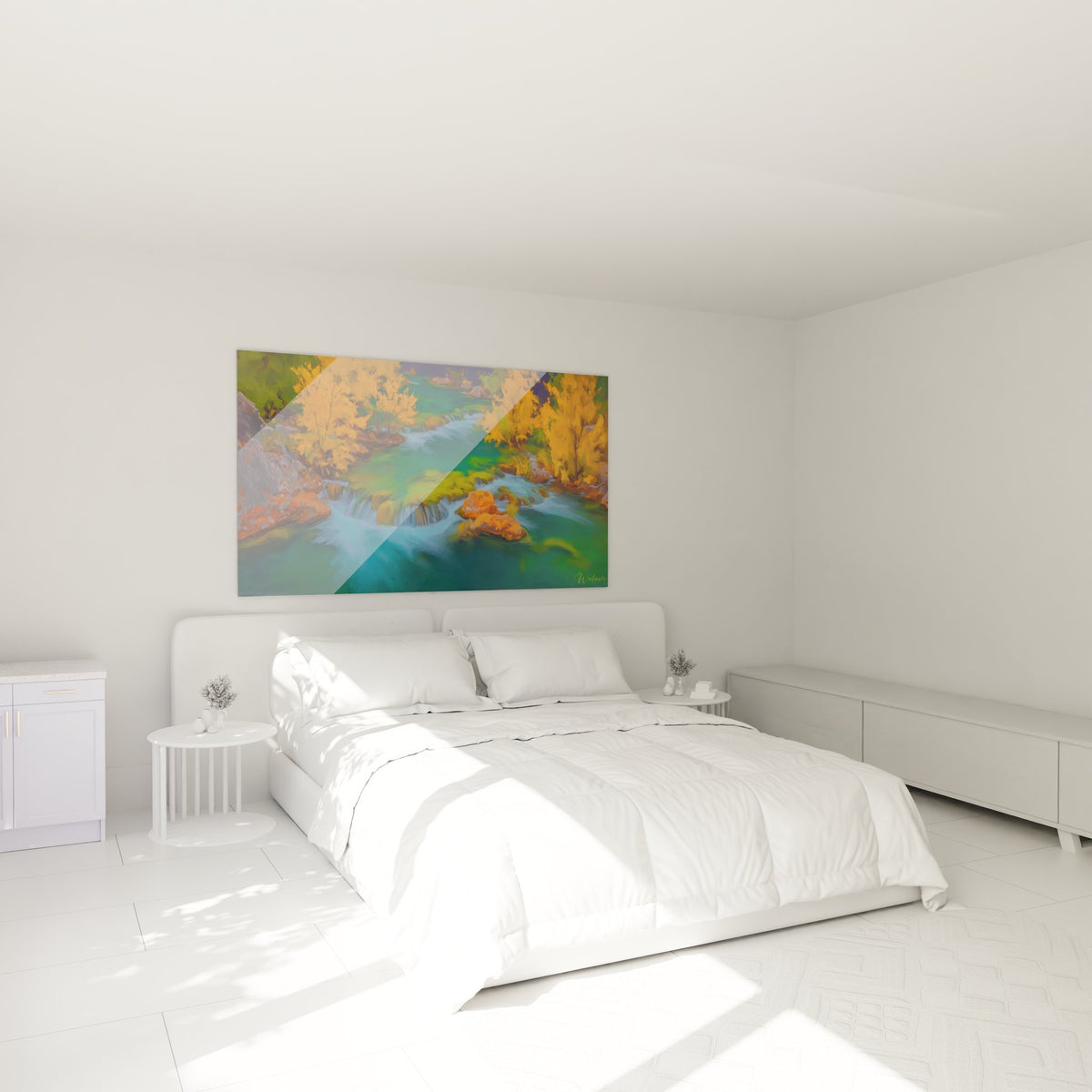 Tableau mural cascade automne installé dans chambre moderne avec décoration contemporaine