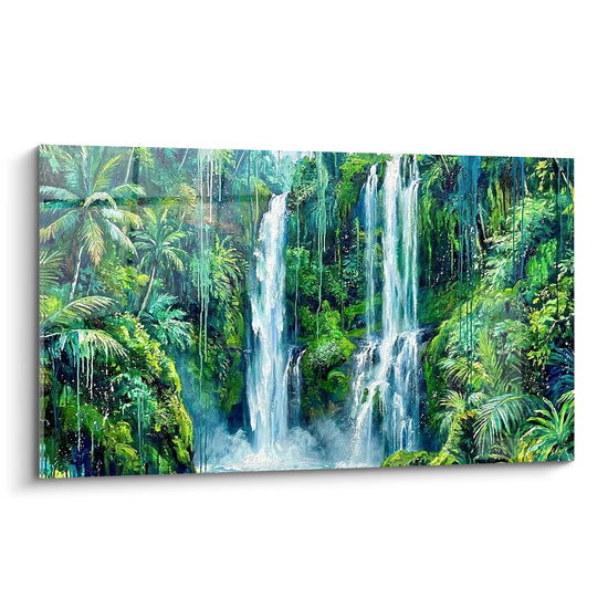 Tableau Cascade Tropicale aux Tons Turquoise et Émeraude - Sérénité Aquatique - Edition Bali