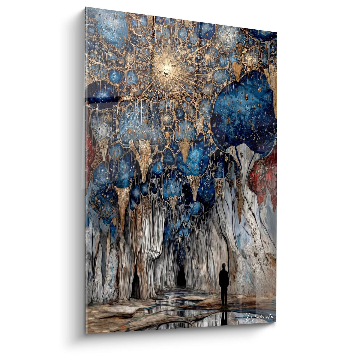Tableau mural cathédrale souterraine dorée avec voûtes lumineuses et silhouettes humaines - Grottes Naturelles