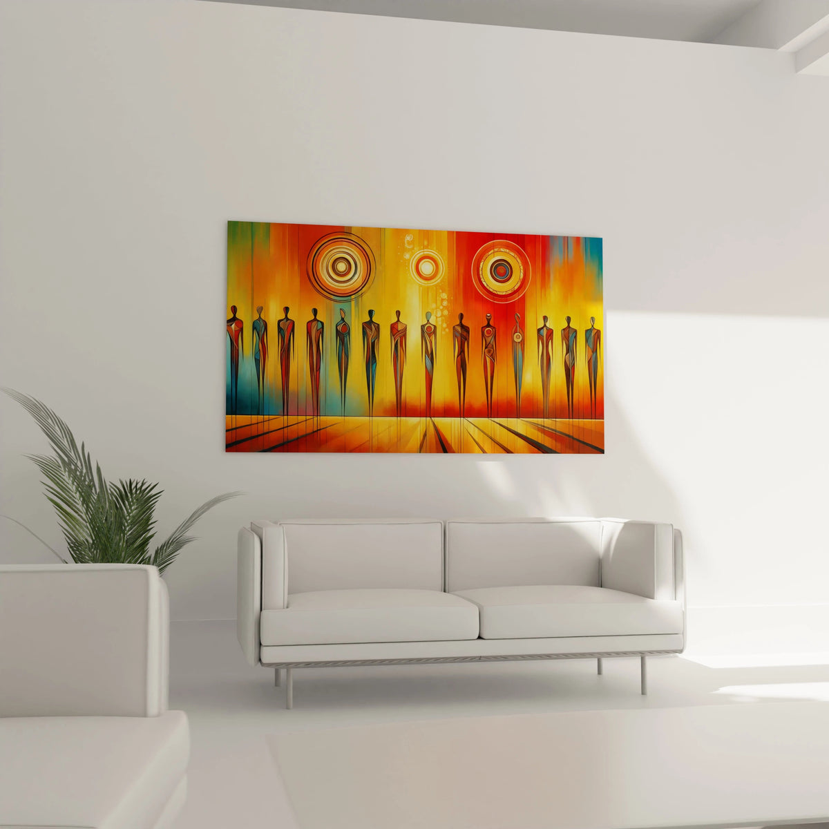 Accroché au mur du salon, ce tableau africain au-dessus du canapé apporte une touche de culture et de dynamisme. Les lignes fines et les couleurs vibrantes créent un contraste saisissant.

