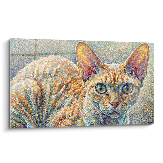 Tableau Chat aux grandes oreilles ocre et bleu - Regard qui interpelle - Edition Chat Devon rex