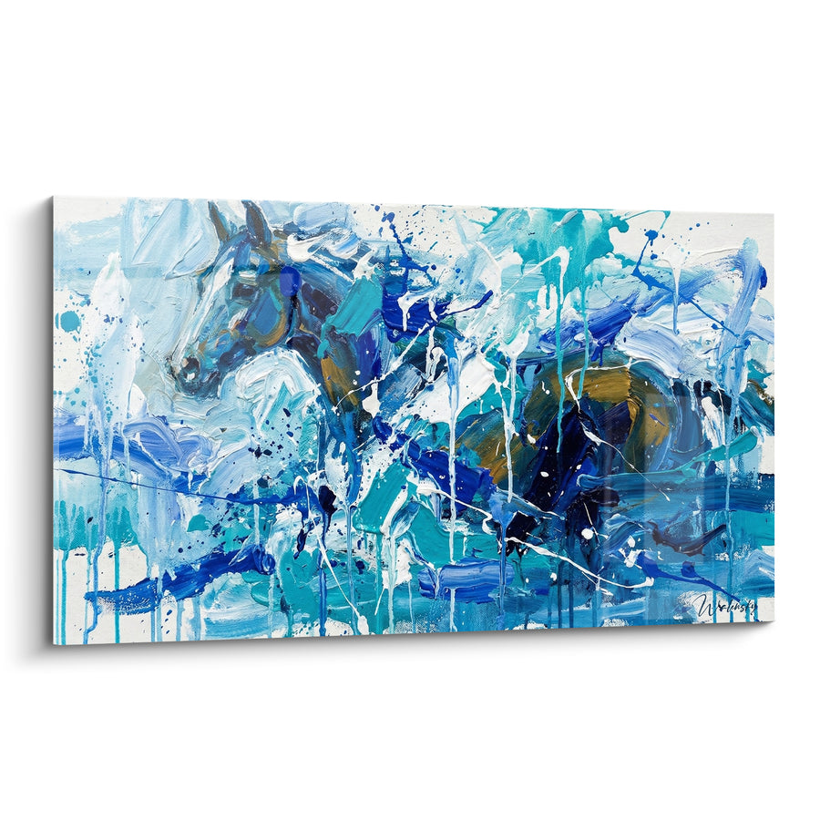 Tableau Cheval bleu et turquoise en coulures - Galop sous la pluie - Edition Cheval