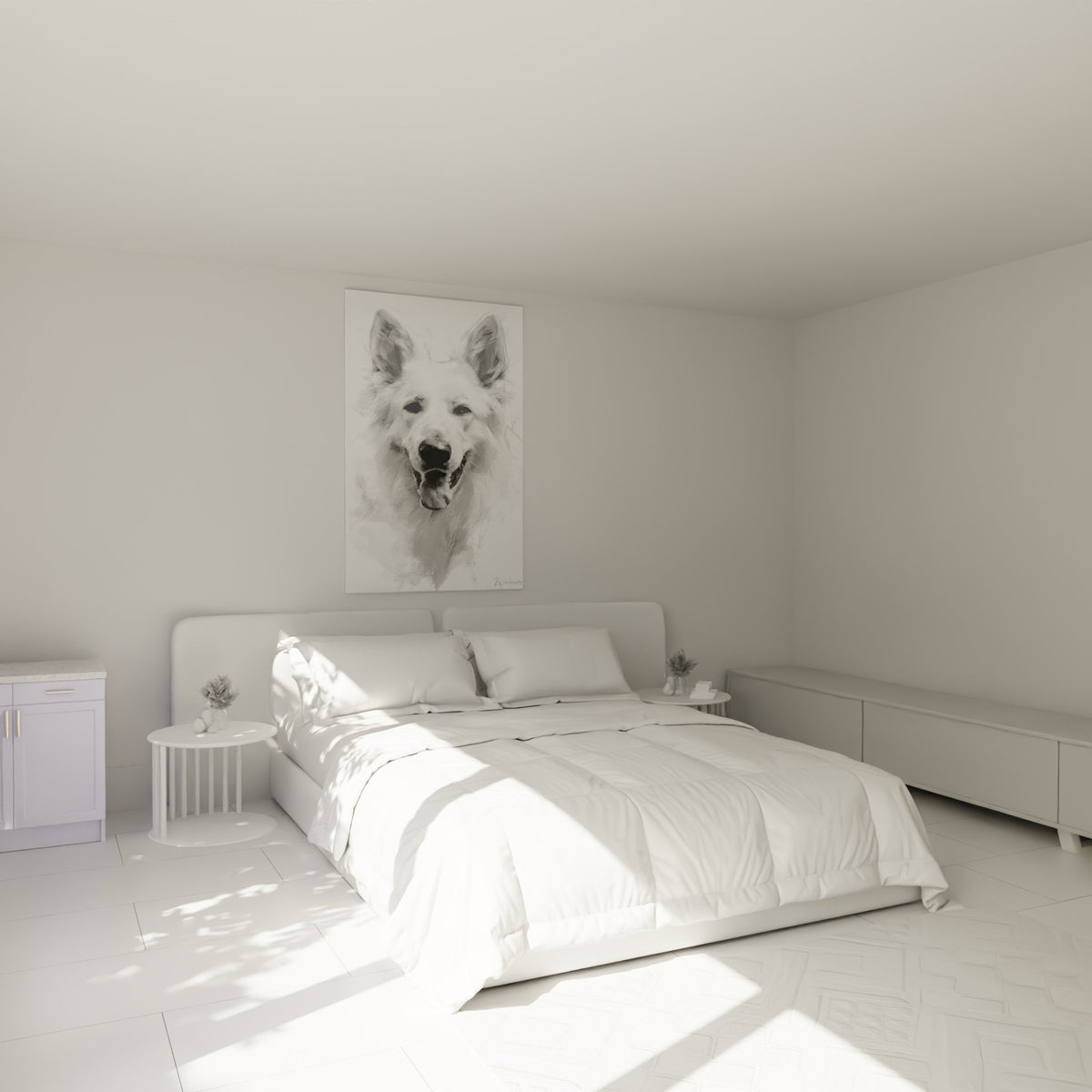 Tableau chien Berger Blanc Suisse dans chambre decoration murale apaisante