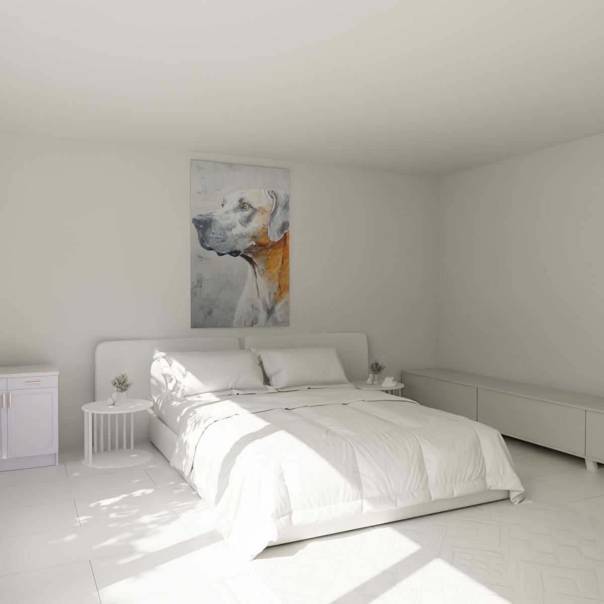 Tableau portrait chien noble au-dessus d'un lit, décoration chambre élégante tons neutres beiges