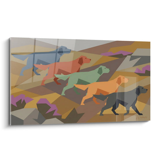 tableau moderne chiens geometriques multicolores style cubiste meute stylisee art contemporain