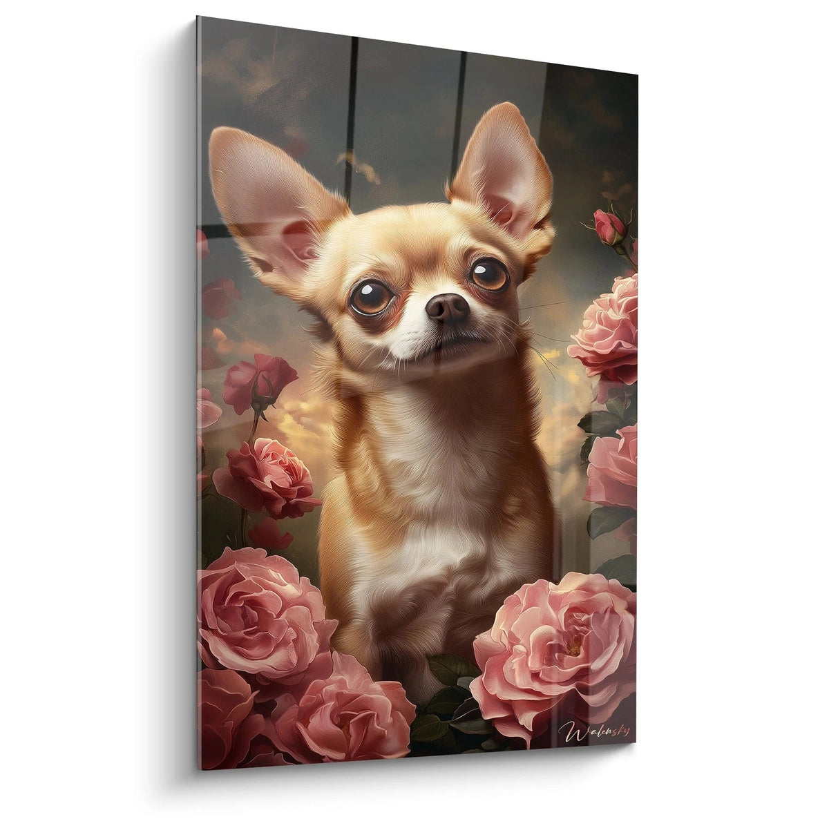 Un tableau Chihuahua au pelage beige doré, posant fièrement au centre, entouré de roses roses délicates. Détails fins des poils, yeux expressifs bruns et grandes oreilles dressées caractéristiques sur fond sombre texturé.
