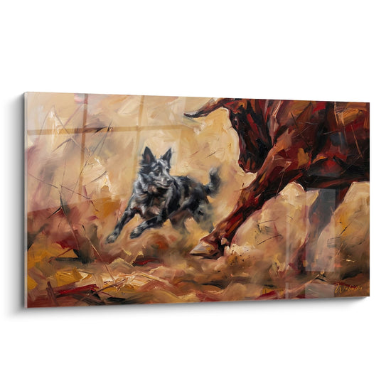 Tableau chiot Mudi en course style expressionniste tons ocre rouge orange