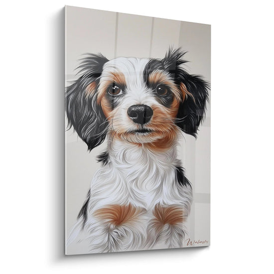 Un tableau chiot tricolore au premier plan, montrant un jeune chien aux oreilles tombantes noires, au museau blanc et aux marques marron. La texture du pelage est finement détaillée avec des poils soyeux sur fond neutre beige.
